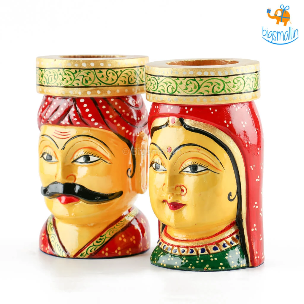 Indian Craft Father's Day Hand-Painted Wooden Pen Stand - Set Of 2