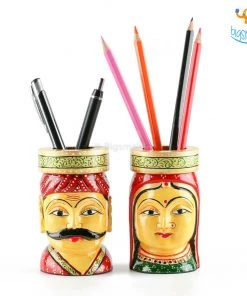 Indian Craft Father's Day Hand-Painted Wooden Pen Stand - Set Of 2
