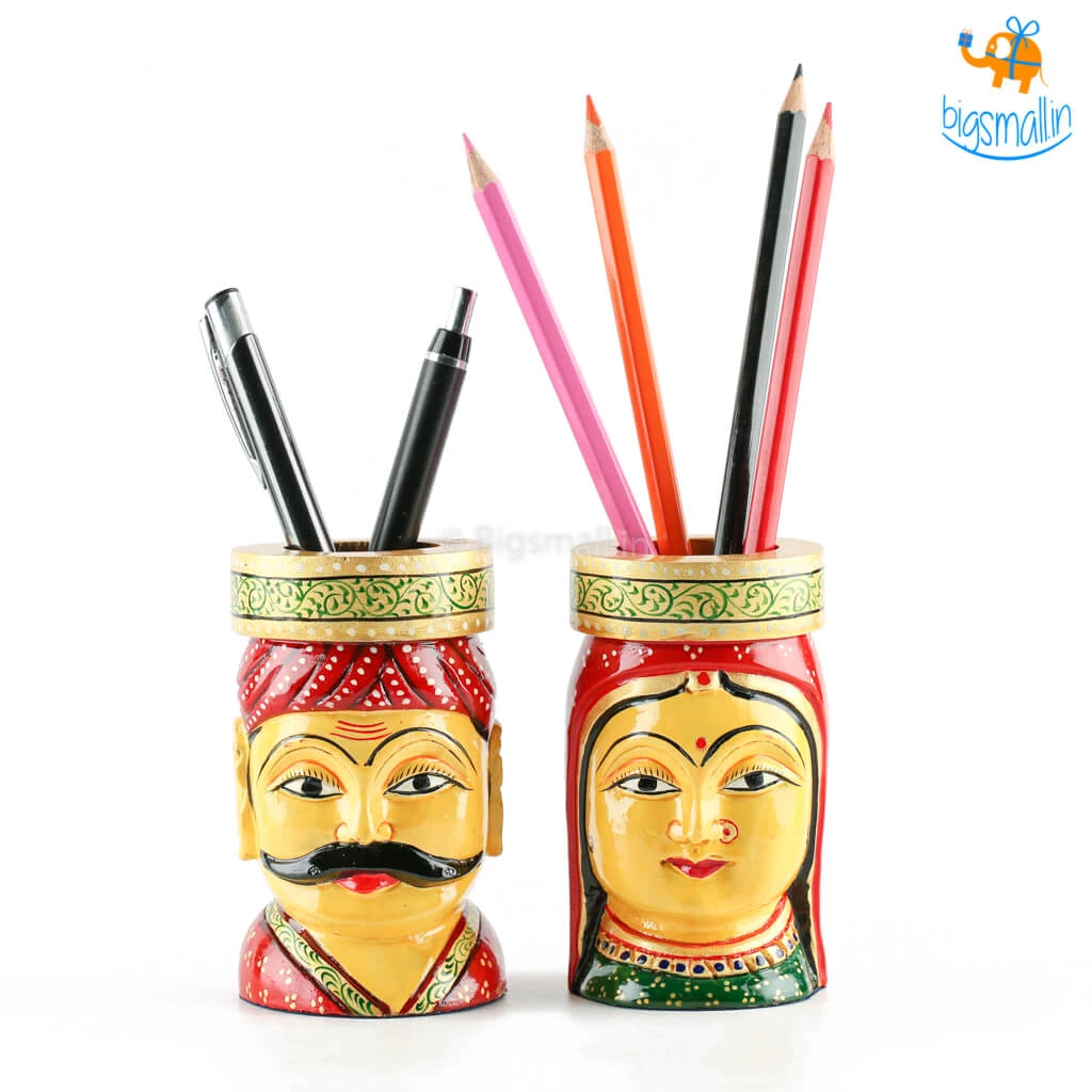 Indian Craft Father's Day Hand-Painted Wooden Pen Stand - Set Of 2