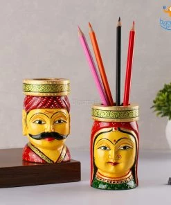 Indian Craft Father's Day Hand-Painted Wooden Pen Stand - Set Of 2