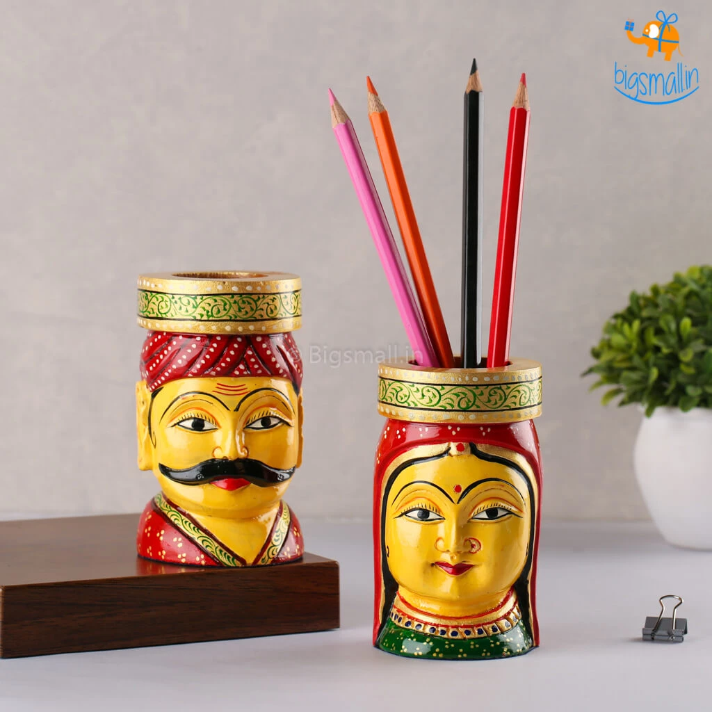 Indian Craft Father's Day Hand-Painted Wooden Pen Stand - Set Of 2