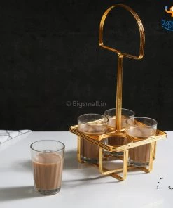 Devnow Cutting Chai Glasses With Holder - Set Of 4