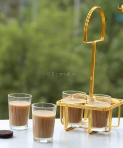 Devnow Cutting Chai Glasses With Holder - Set Of 4