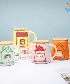 Bigsmall_hmk Cute Animal Themed Mug With Lid & Spoon Baby Shower Gifts