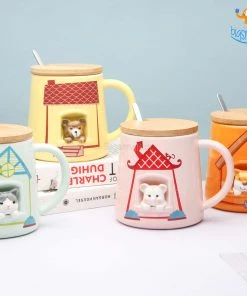 Bigsmall_hmk Cute Animal Themed Mug With Lid & Spoon Baby Shower Gifts