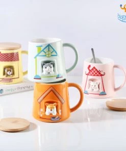 Bigsmall_hmk Cute Animal Themed Mug With Lid & Spoon Baby Shower Gifts