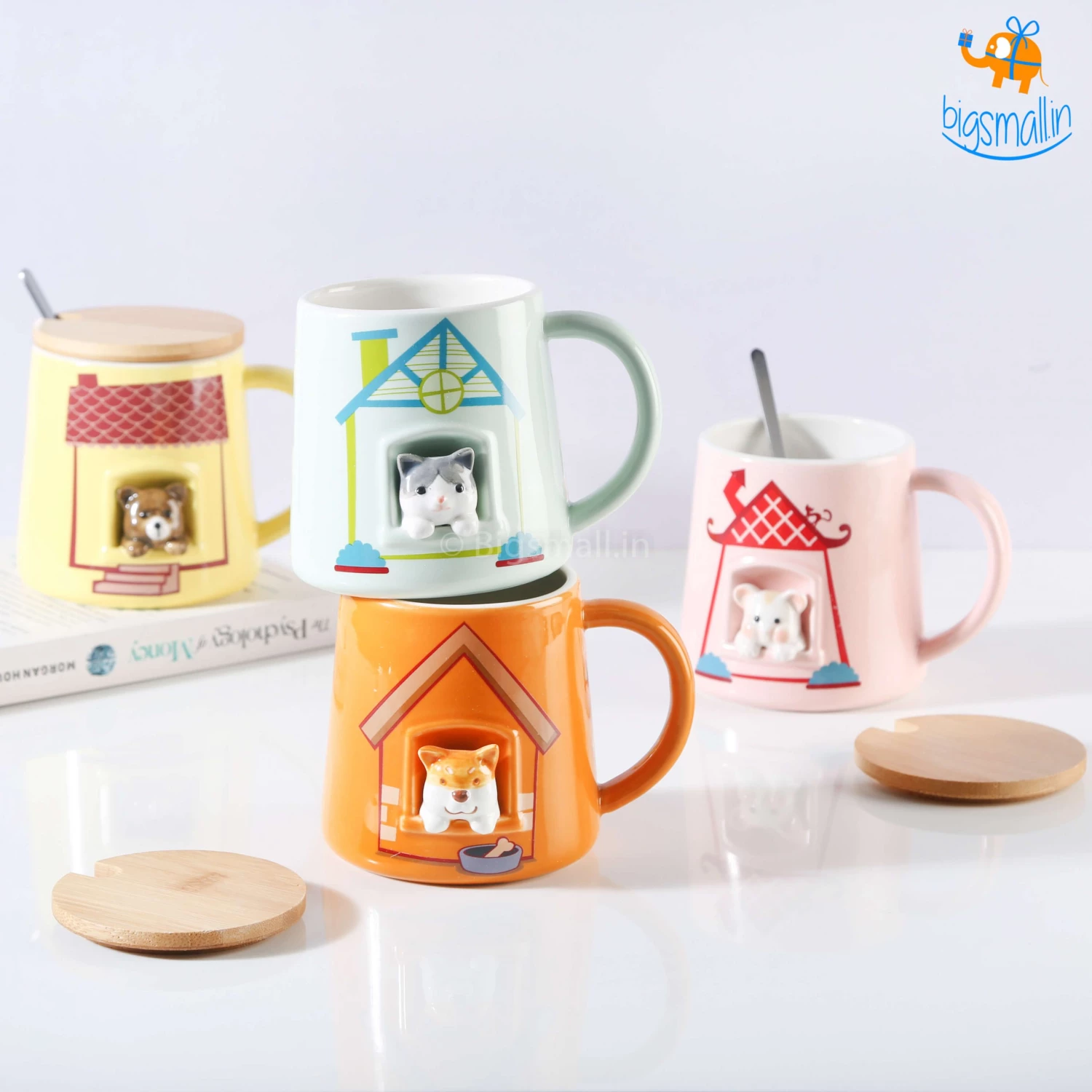 Bigsmall_hmk Cute Animal Themed Mug With Lid & Spoon Baby Shower Gifts