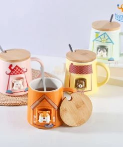 Bigsmall_hmk Cute Animal Themed Mug With Lid & Spoon Baby Shower Gifts