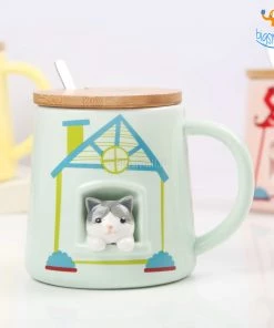 Bigsmall_hmk Cute Animal Themed Mug With Lid & Spoon Baby Shower Gifts