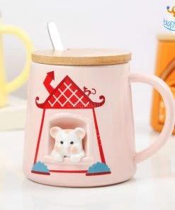 Bigsmall_hmk Cute Animal Themed Mug With Lid & Spoon Baby Shower Gifts