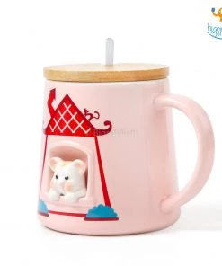 Bigsmall_hmk Cute Animal Themed Mug With Lid & Spoon Baby Shower Gifts