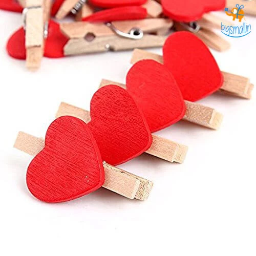 PrateekPA Heart Wooden Paper Clip With String - Set Of 10