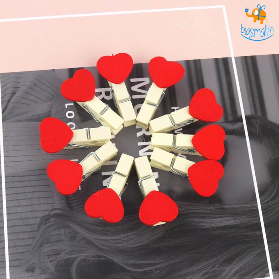 PrateekPA Heart Wooden Paper Clip With String - Set Of 10