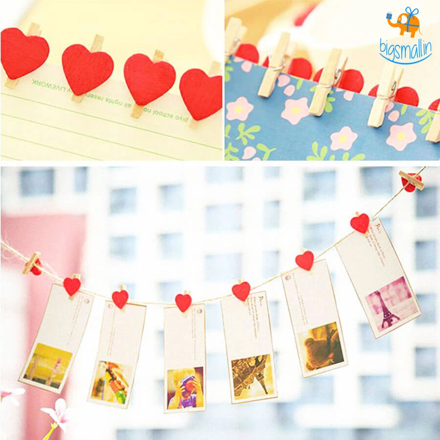 PrateekPA Heart Wooden Paper Clip With String - Set Of 10