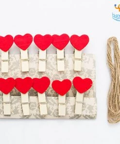 PrateekPA Heart Wooden Paper Clip With String - Set Of 10