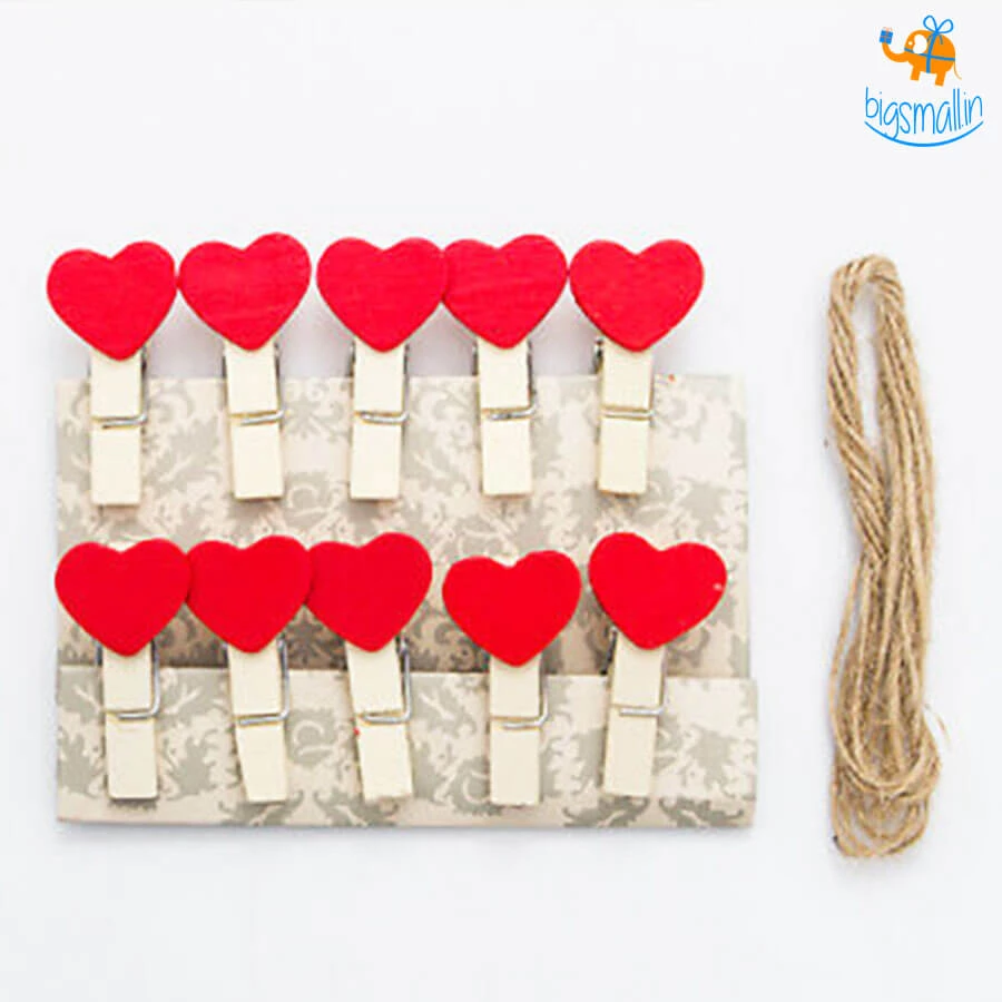 PrateekPA Heart Wooden Paper Clip With String - Set Of 10