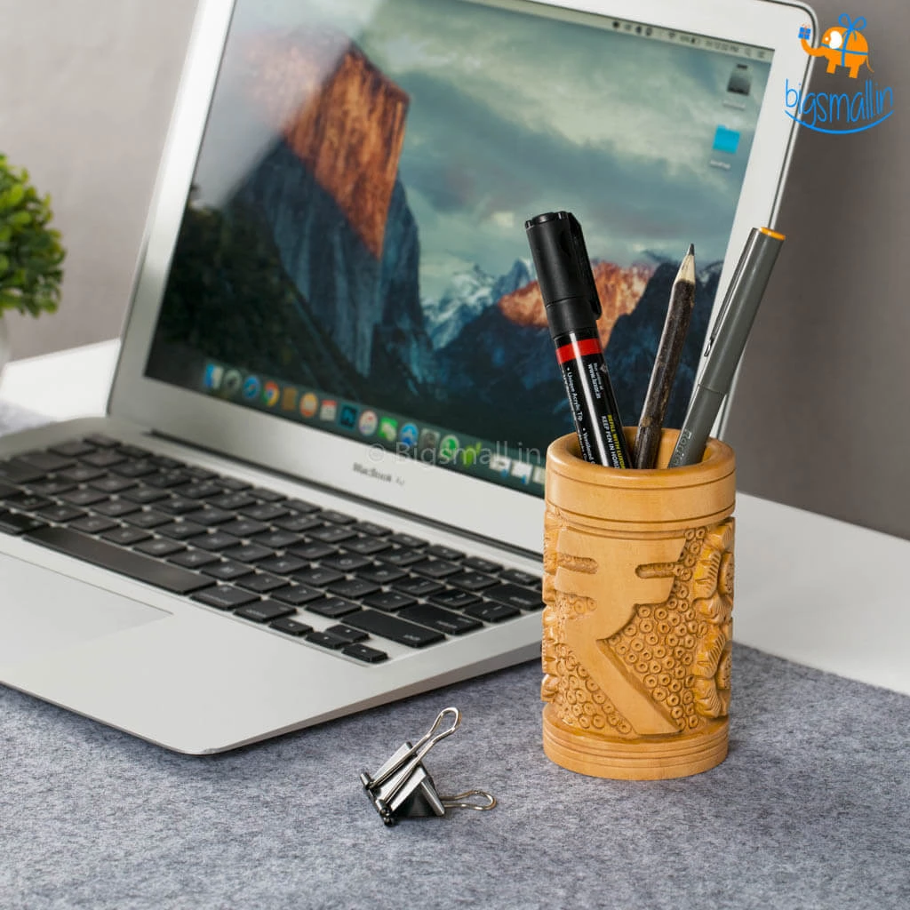 Indian Craft Father's Day Wooden Rupee Symbol Pen Stand
