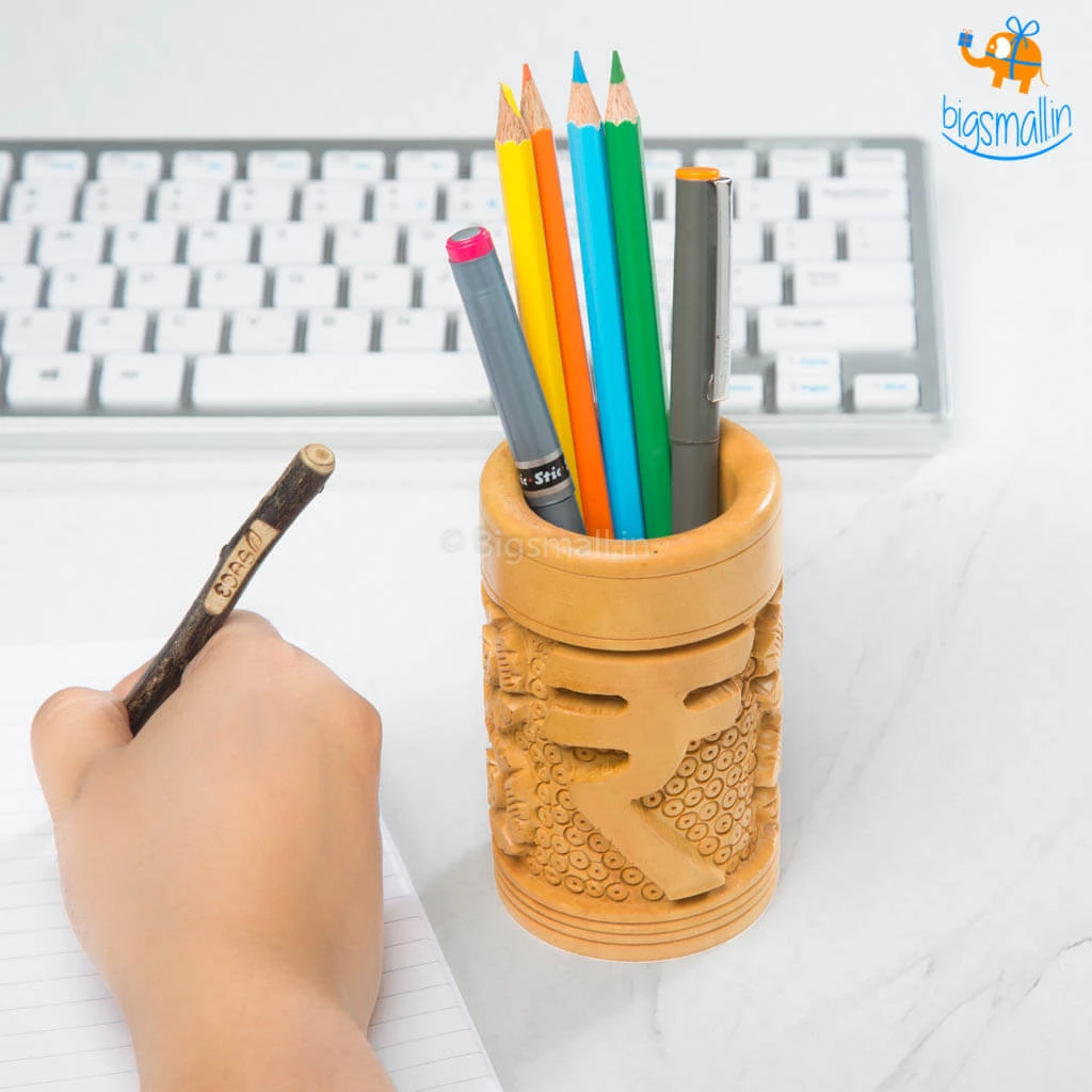 Indian Craft Father's Day Wooden Rupee Symbol Pen Stand