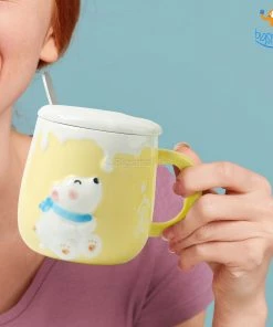 Bigsmall_hmk Pastel Polar Bear Mug With Lid & Spoon Gifts