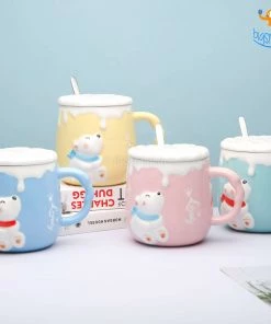 Bigsmall_hmk Pastel Polar Bear Mug With Lid & Spoon Gifts