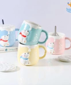 Bigsmall_hmk Pastel Polar Bear Mug With Lid & Spoon Gifts