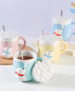 Bigsmall_hmk Pastel Polar Bear Mug With Lid & Spoon Gifts