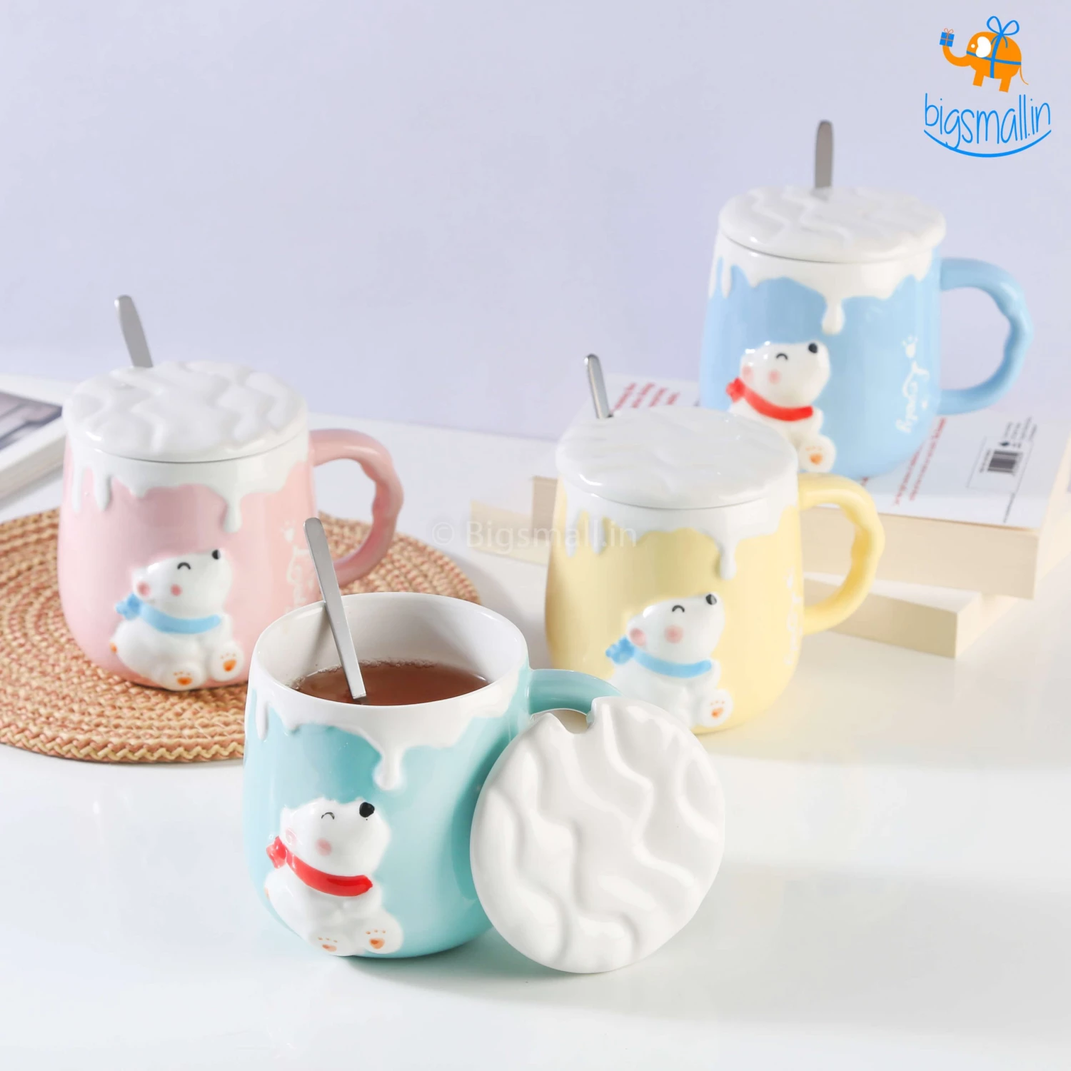 Bigsmall_hmk Pastel Polar Bear Mug With Lid & Spoon Gifts