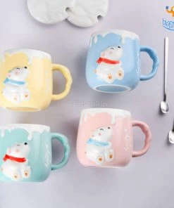 Bigsmall_hmk Pastel Polar Bear Mug With Lid & Spoon Gifts