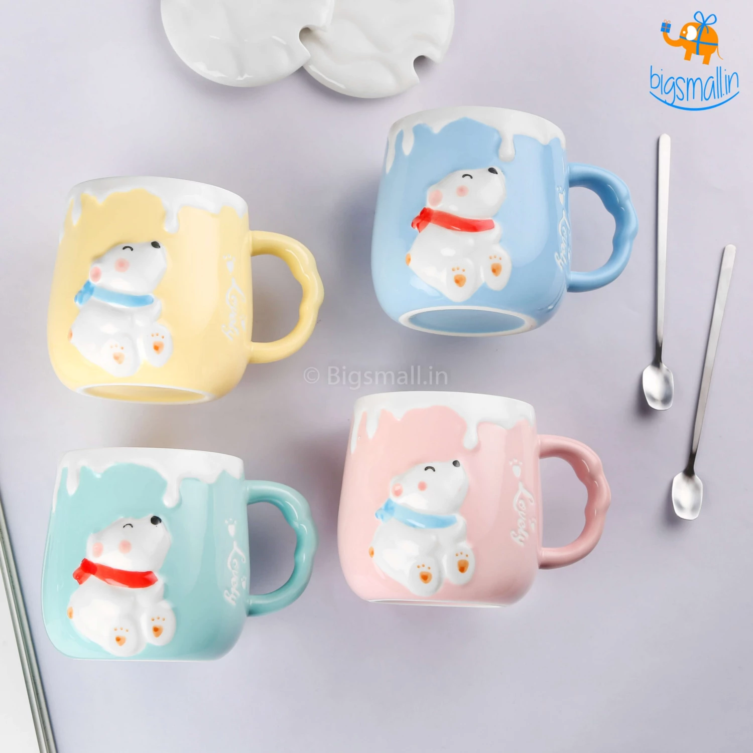 Bigsmall_hmk Pastel Polar Bear Mug With Lid & Spoon Gifts