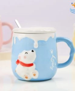 Bigsmall_hmk Pastel Polar Bear Mug With Lid & Spoon Gifts