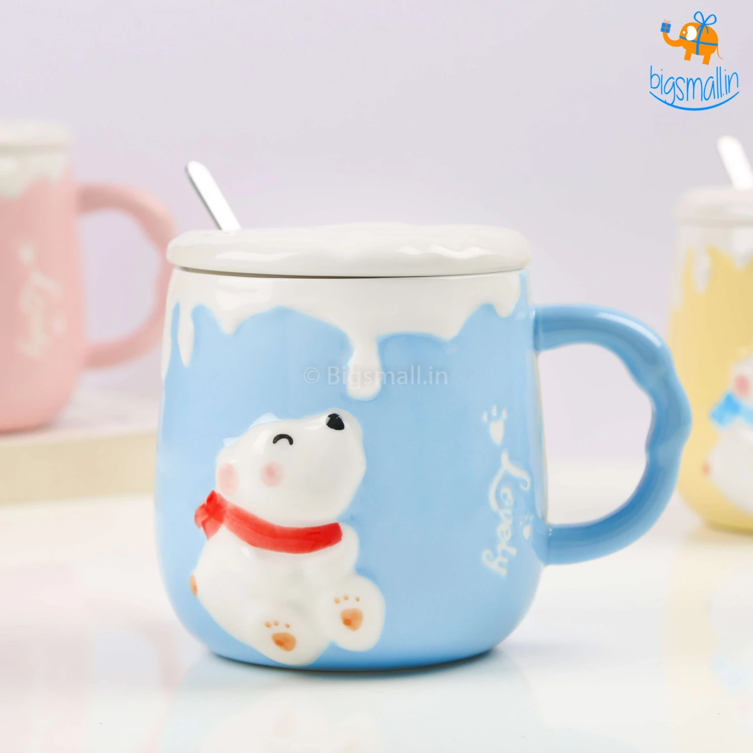 Bigsmall_hmk Pastel Polar Bear Mug With Lid & Spoon Gifts