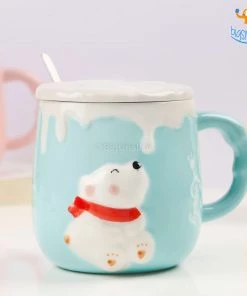 Bigsmall_hmk Pastel Polar Bear Mug With Lid & Spoon Gifts