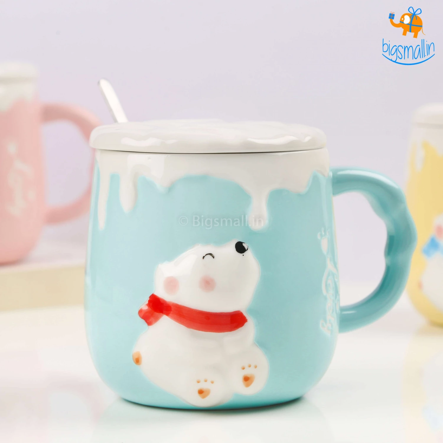 Bigsmall_hmk Pastel Polar Bear Mug With Lid & Spoon Gifts