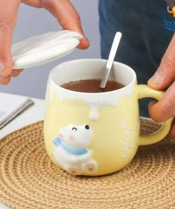 Bigsmall_hmk Pastel Polar Bear Mug With Lid & Spoon Gifts