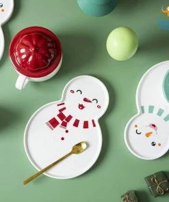 Bigsmall_hmk Snowman Mug With Plate, Lid And Spoon