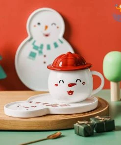 Bigsmall_hmk Snowman Mug With Plate, Lid And Spoon