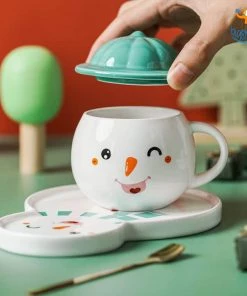 Bigsmall_hmk Snowman Mug With Plate, Lid And Spoon