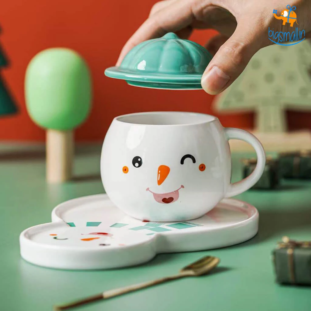 Bigsmall_hmk Snowman Mug With Plate, Lid And Spoon