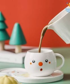 Bigsmall_hmk Snowman Mug With Plate, Lid And Spoon