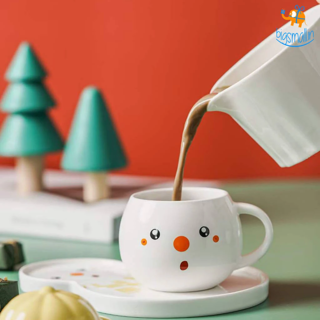 Bigsmall_hmk Snowman Mug With Plate, Lid And Spoon