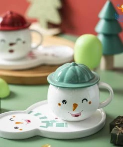 Bigsmall_hmk Snowman Mug With Plate, Lid And Spoon