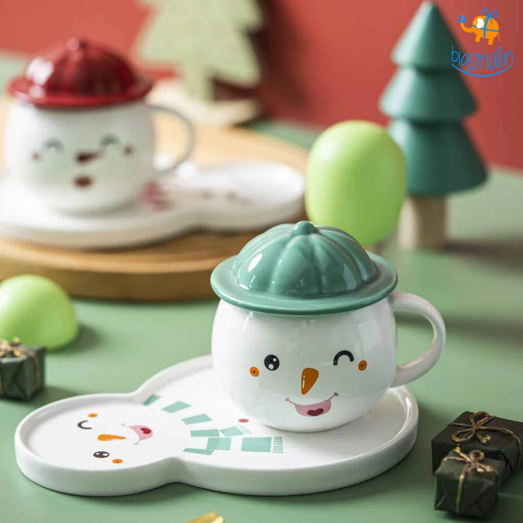 Bigsmall_hmk Snowman Mug With Plate, Lid And Spoon