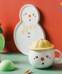 Bigsmall_hmk Snowman Mug With Plate, Lid And Spoon