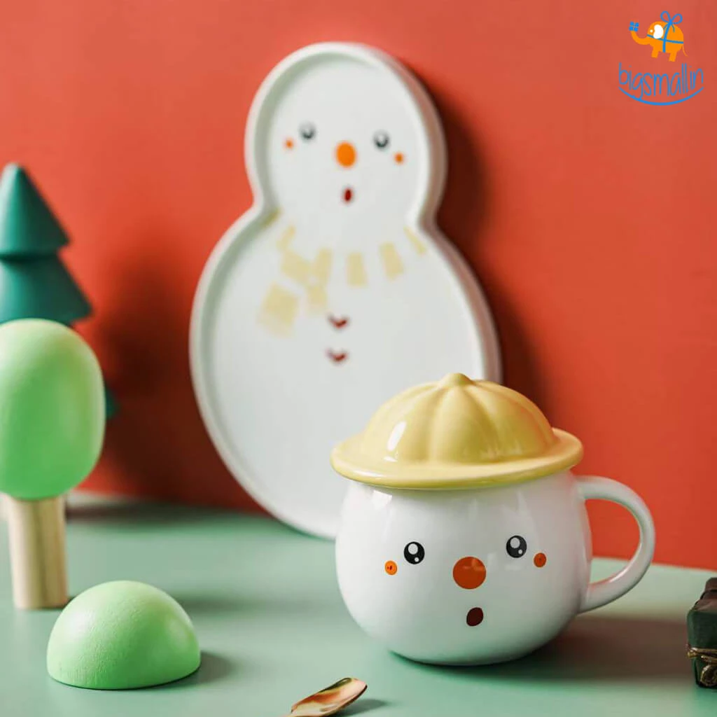 Bigsmall_hmk Snowman Mug With Plate, Lid And Spoon