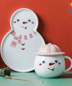 Bigsmall_hmk Snowman Mug With Plate, Lid And Spoon