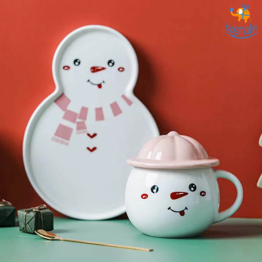 Bigsmall_hmk Snowman Mug With Plate, Lid And Spoon