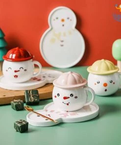 Bigsmall_hmk Snowman Mug With Plate, Lid And Spoon