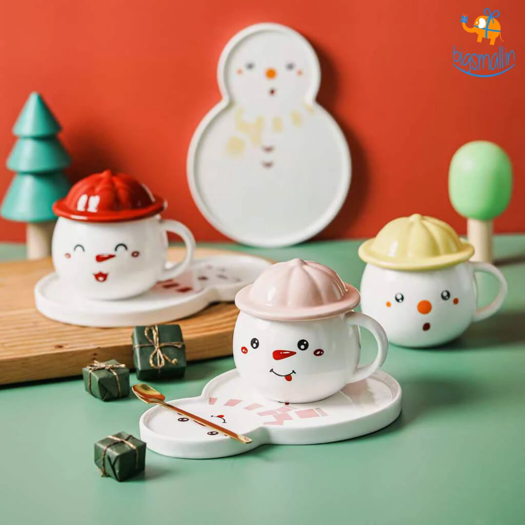 Bigsmall_hmk Snowman Mug With Plate, Lid And Spoon