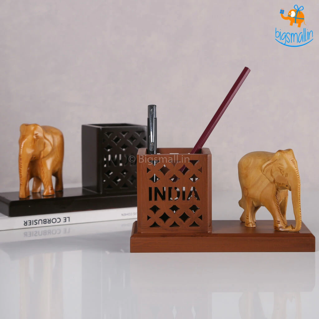 Indian Craft Father's Day Wooden Elephant Pen Stand