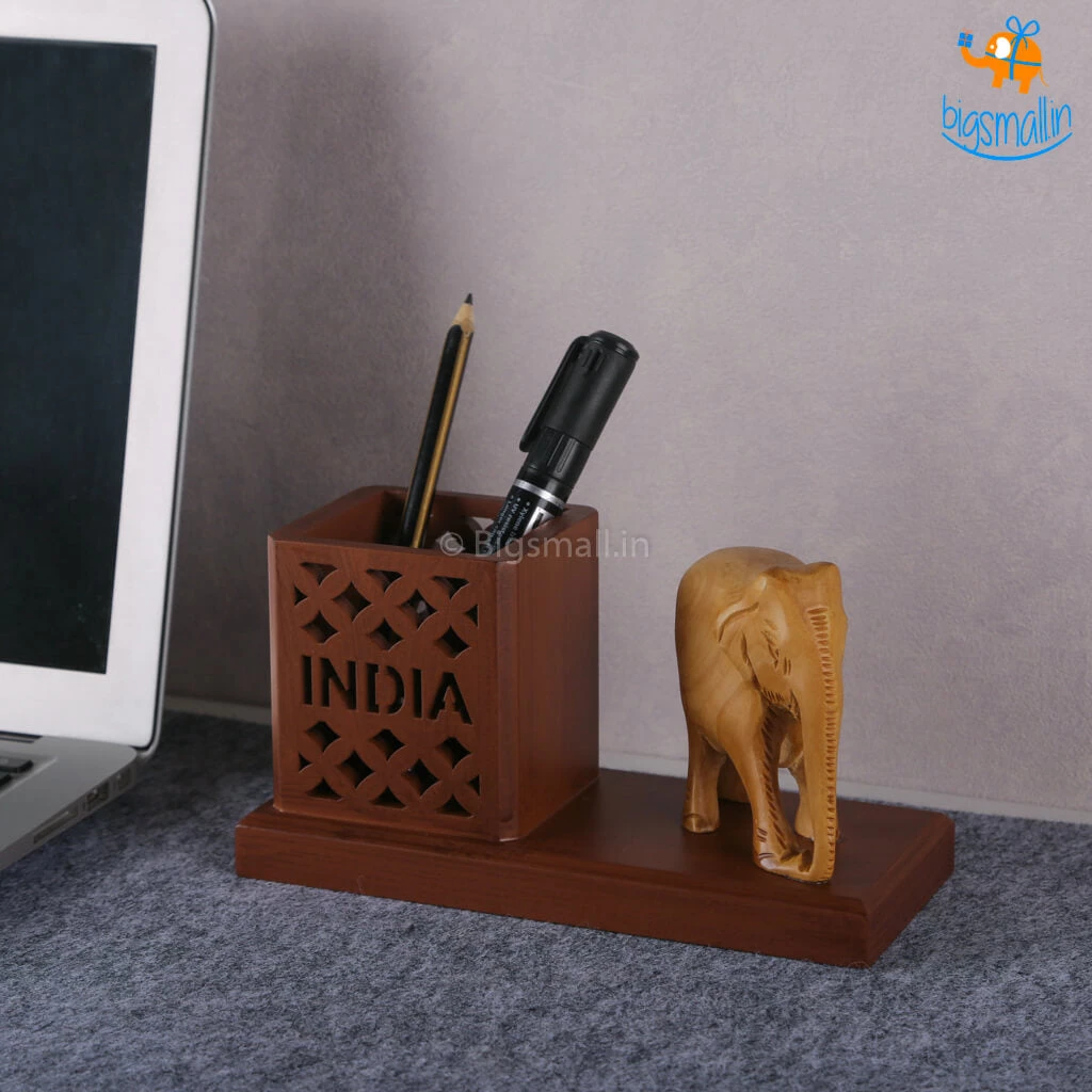 Indian Craft Father's Day Wooden Elephant Pen Stand